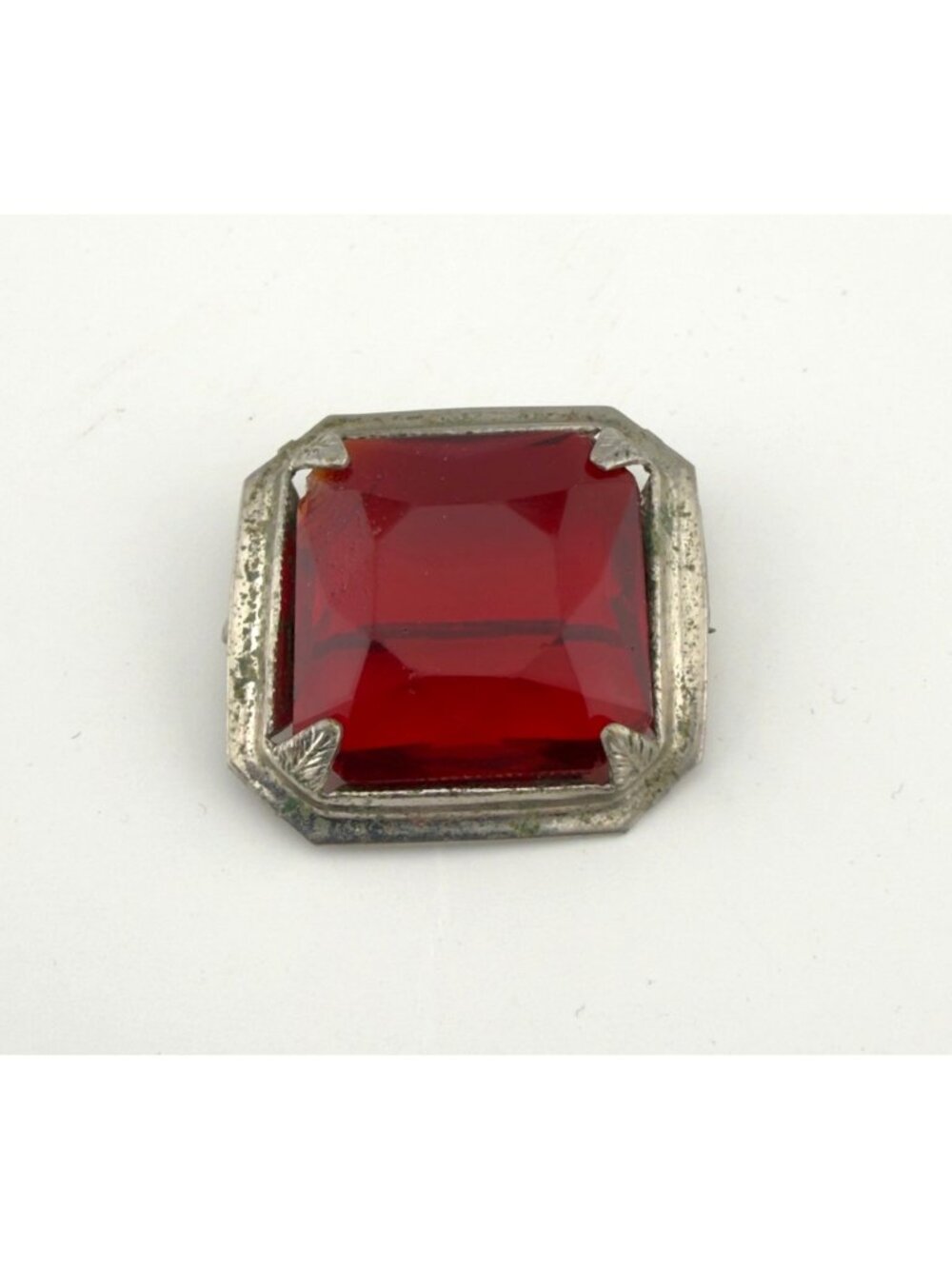 Antique Red Glass Vintage Pin Brooch Square Silver Tone Frame READ